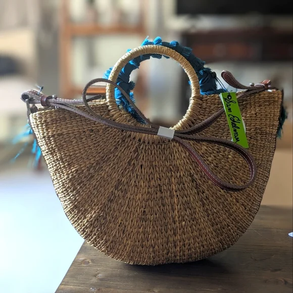 NWT! Sam Edelman Eliya Emerald Feather Straw Bag - Picture 5 of 7